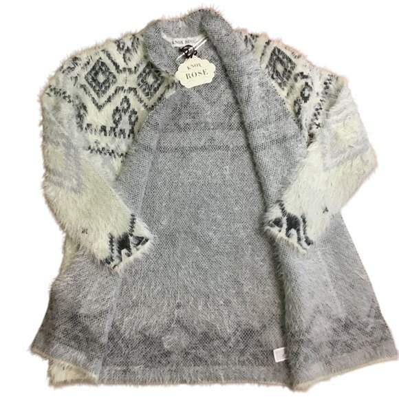 KNOX ROSE Fuzzy Aztec Cardigan Sweater S Gray White Soft Boho Nordic Cozy Knit - Picture 2 of 8